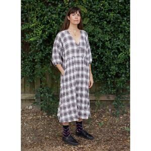 Hansel From Basel Grace Tie Front Gray Plaid Cotton Midi Dress 1 S